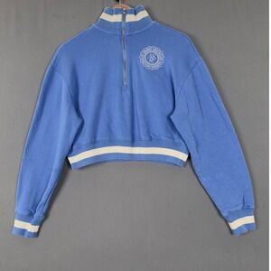 AS Revival Cropped Quarter Zip Sweatshirt Blue Small Logo Athletic Striped Hem